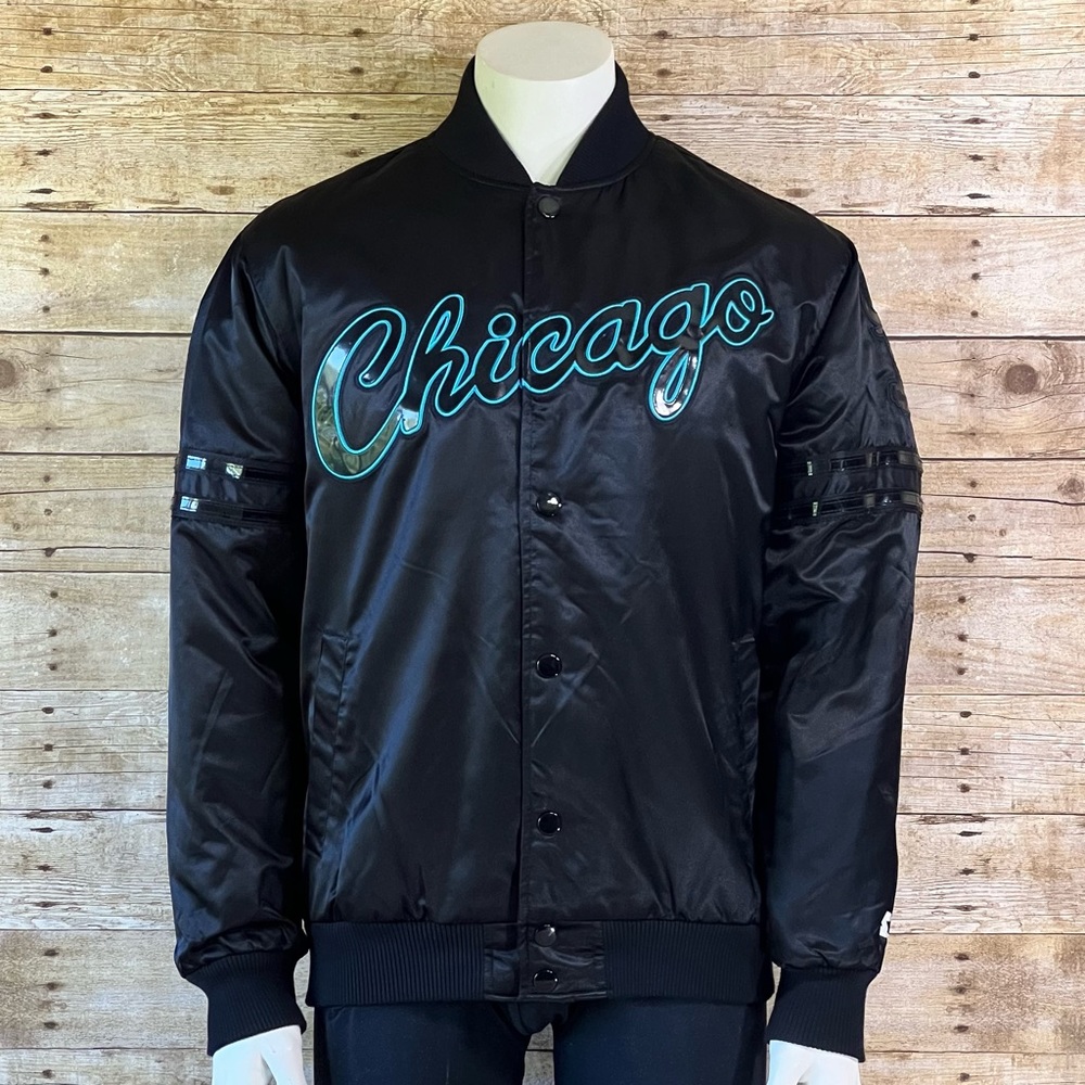 Starter Chicago Bulls Windy City Satin Varsity Jacket Mens‎ Black Teal Bomber